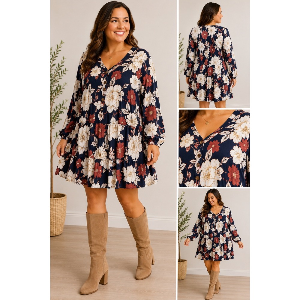 Ces Femme Women's Floral Babydoll Tunic Dress Navy Long Sleeve Boho Size XL